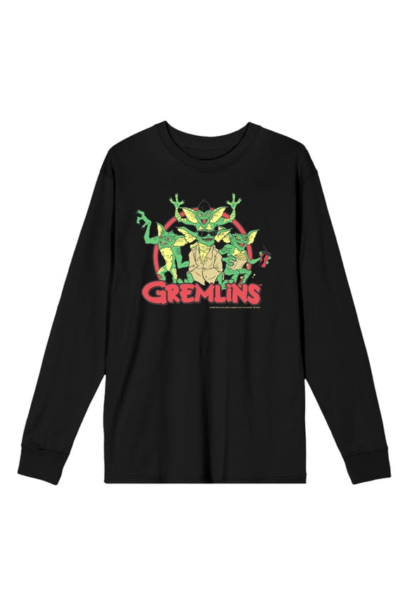 Gremlins Red Circle Logo Adult Black Crew Neck Long Sleeve Tee-Small