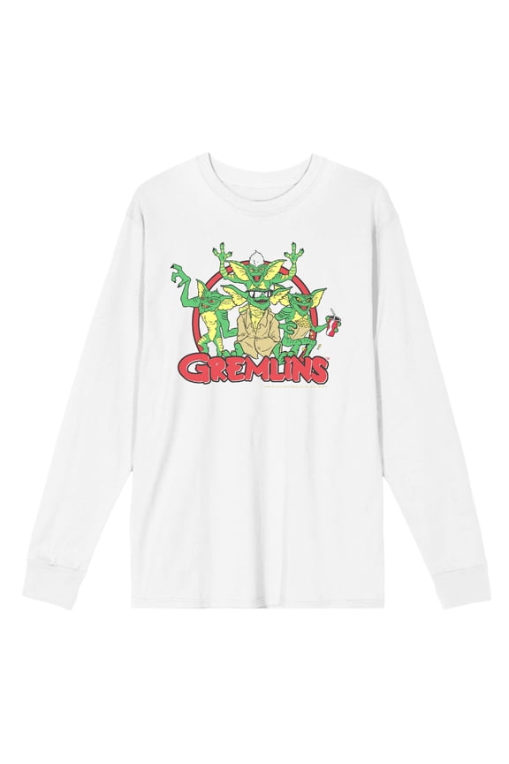 Gremlins Red Circle Logo Adult White Crew Neck Long Sleeve Tee-Small