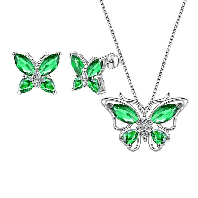 Gren Butterfly Jewelry Emerald May Birthstone Jewelry Set Fine Necklace/Earrings 925 Sterling Silver Women Girls Birthday Mother's Day Gifts