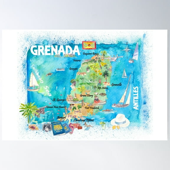 Grenada Antilles Illustrated Caribbean Travel Map With Highlights Of West Indies Island Dream Poster Wall Art, Modern Wall Decor For Living Room Bedroom, 8x12 UNFRAMED