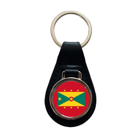Grenada Country Flag Metal Black Leather Keychain
