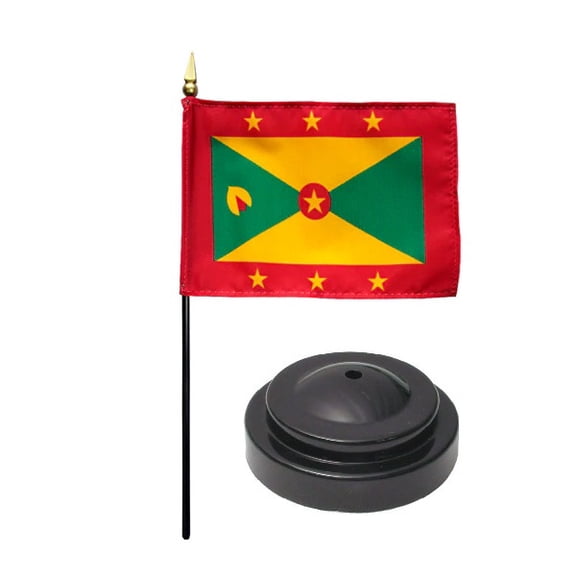 Grenada Desk Flag with Base; American Made Rayon 4x6 inch Miniature Table Set Includes One Small Mini Country Stick Flags and One Black Stand (Grenada Desk Flag and Base)