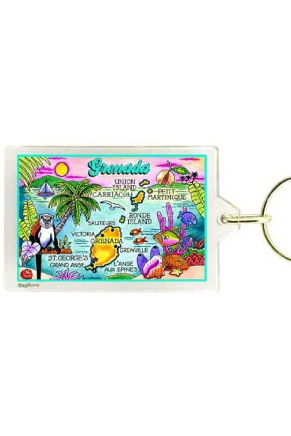 Grenada Map Acrylic Rectangular Souvenir Keychain 2.5 inches X 1.5 inches