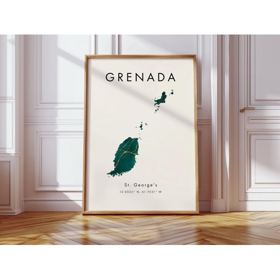 Grenada Map Poster Green and Gold North America Wall Art Print Home Decor Geography Map Gift