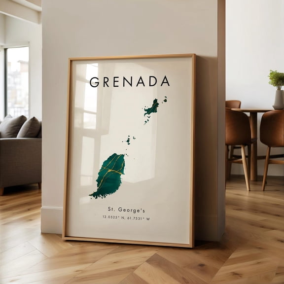 Grenada Map Printed Green And Gold North America Wall Art Home Decor Geography Map Gift