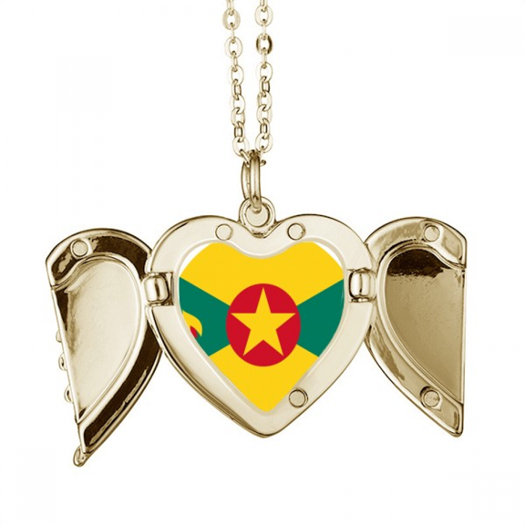 Grenada North Ameica National Emblem Folded Wings Peach Heart Pendant Necklace