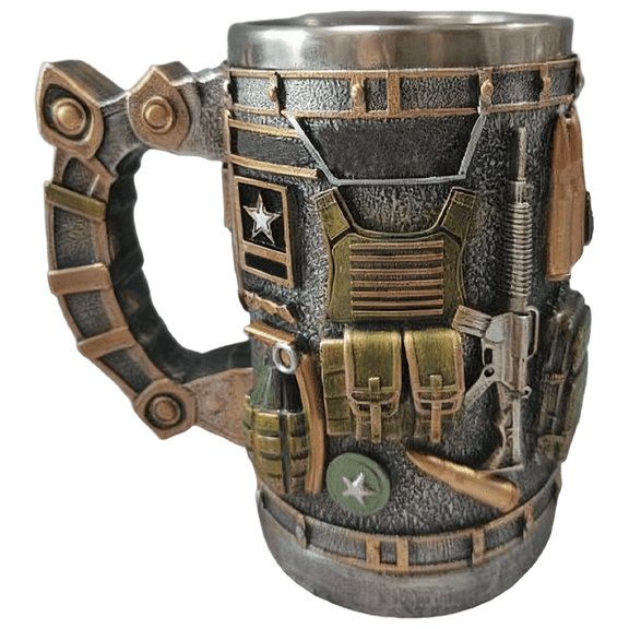 Grenade Shaped Coffee Mug, 3D Veteran Beer Stein, Resin Stainless Steel, Gift for Fan, Father, Husband, Boyfriend, 5.12 x 3.23 in / 13 x 8.2 cm