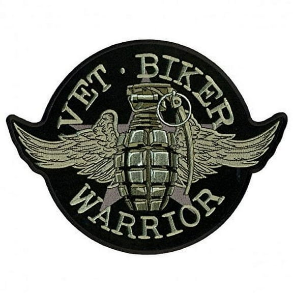 Grenade, Vet-Biker-Warrior - Iron-on / Saw-on, Heat Sealed Backing Rayon Patch - 10" x 8"