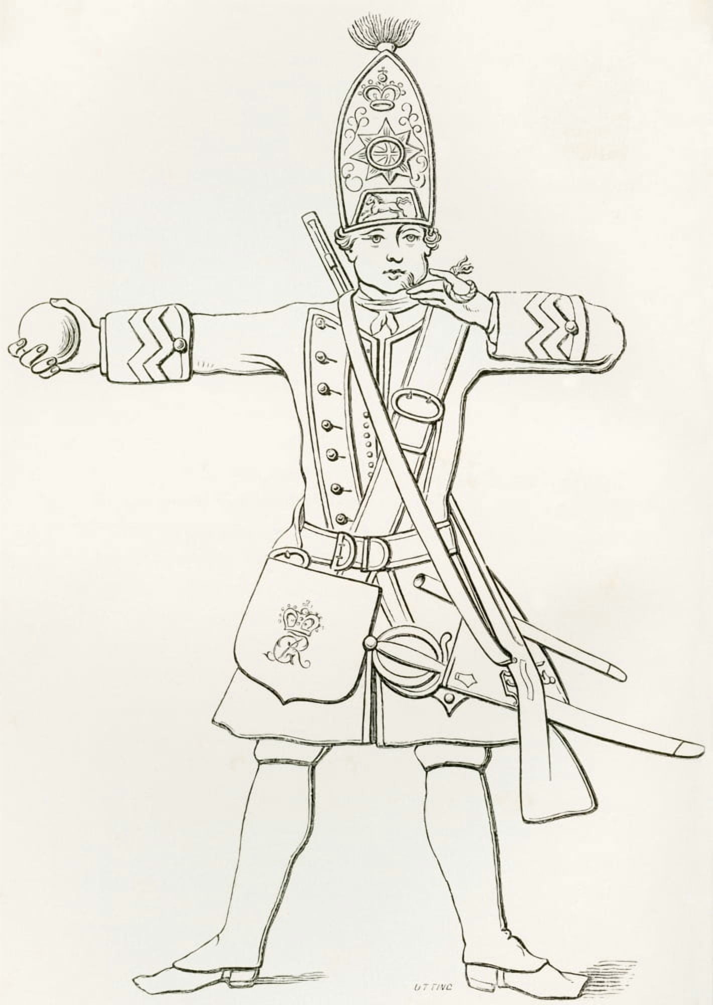 A Grenadier Of HM 1St Regiment Of Foot Guards 1745 From The British Army Its Origins Progress And Equipment Published 1868 Canvas Art - Ken Welsh Design Pics (12 x 16)