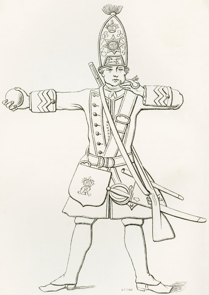 A Grenadier Of HM 1St Regiment Of Foot Guards 1745 From The British Army Its Origins Progress And Equipment Published 1868 Canvas Art - Ken Welsh Design Pics (24 x 32)