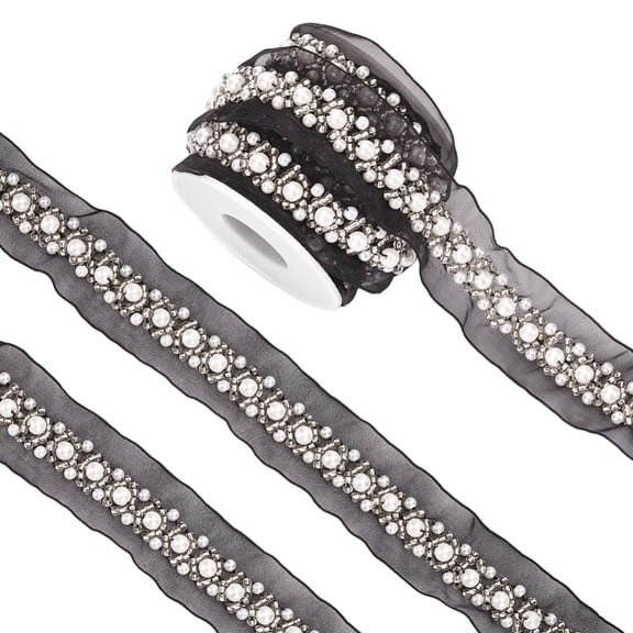 Grenadine Mesh Lace Trim with Plastic Pearl Clothing Accessories Black 31mm 5 yards