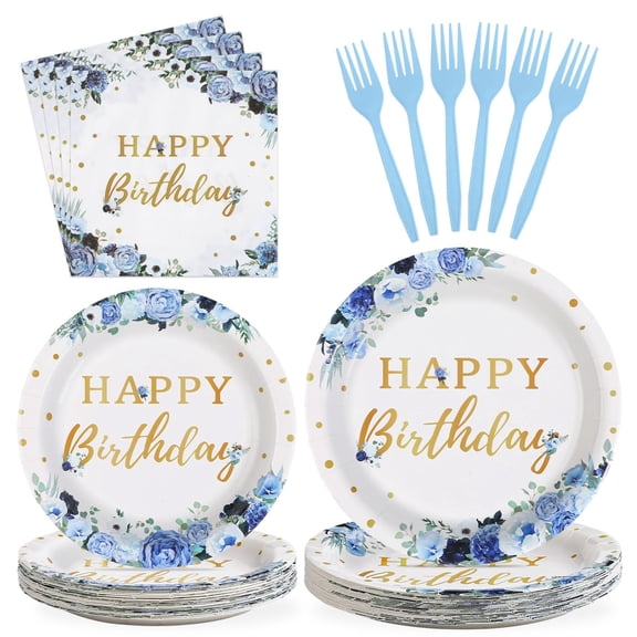 Grencian 96 Pcs Blue Flower Birthday Party Supplies Blue Floral Plates and Napkins Floral Themed Tableware Sets for Women Girls Birthday Party Decorations Serves 24 Y114