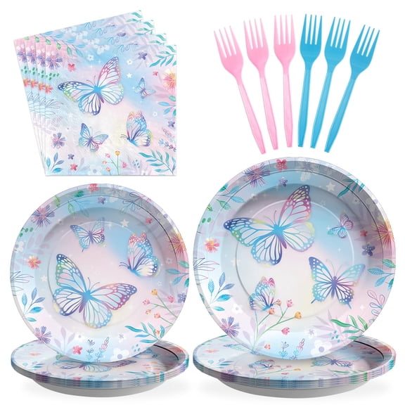 Grencian 96PCS Butterfly Party Decorations for AFN1Girls Blue Pink Butterfly Birthday Plates Disposable Paper Tableware Set for Baby Shower Butterfly Fairy Birthday Party Decorations, Serves 24