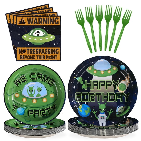 Grencian 96Pcs Aliens Party Decorations Green Outer Theme Space Plates and Napkins Tableware Sets Space Birthday Decorations Favors for Boys Girls Baby Shower Theme Party Supplies Serve 24 Y101