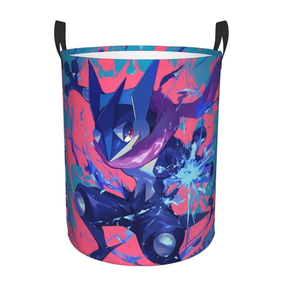 Greninja Laundry Basket Foldable Circular Dirty Clothes Toys Storage Organizer Bin Basket with Handles, Round Hamper For Bedroom Livingroom Bathroom