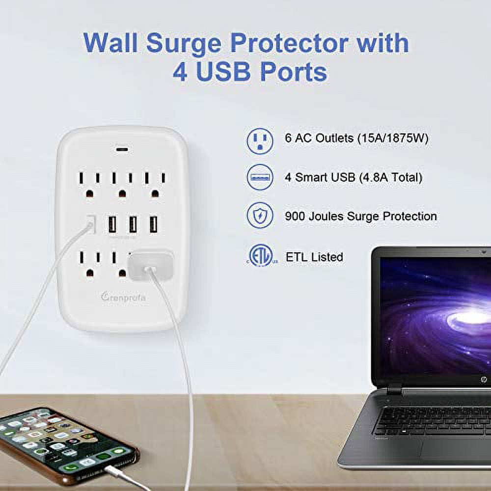 Grenprofa 6 Outlet Wall Plug Extender with 4 USB Ports (4.8A Total