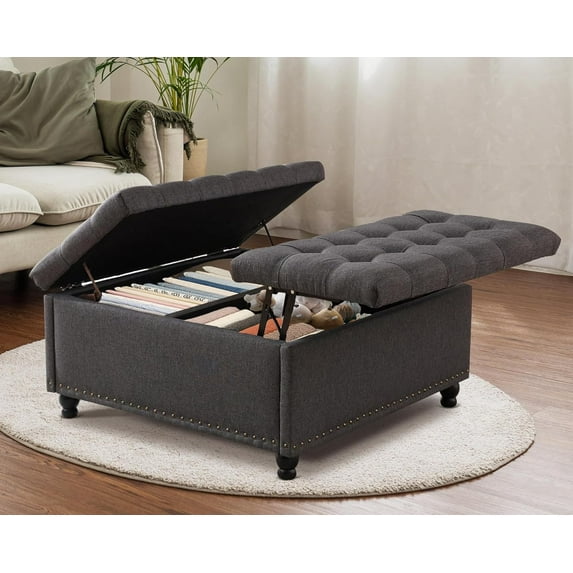 Grepatio 35.5" Large Square Storage Ottoman, Lift Top Ottoman Square with Storage, Tufted Upholstered Storage Ottomans, Ottoman Coffee Tables for Living Room, Bedroom (Gray)
