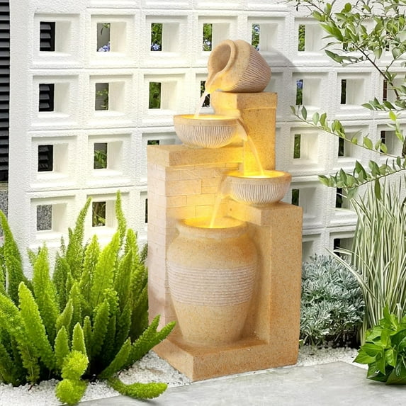 Grepatio 4-Tiers Indoor/Outdoor Garden Water Fountain, 32"H Cascading Water Feature Waterfalls Fountain with LED Lights, Outdoor Floor Standing Water Fountains for Garden, Yard, Patio, Decor (Yellow)