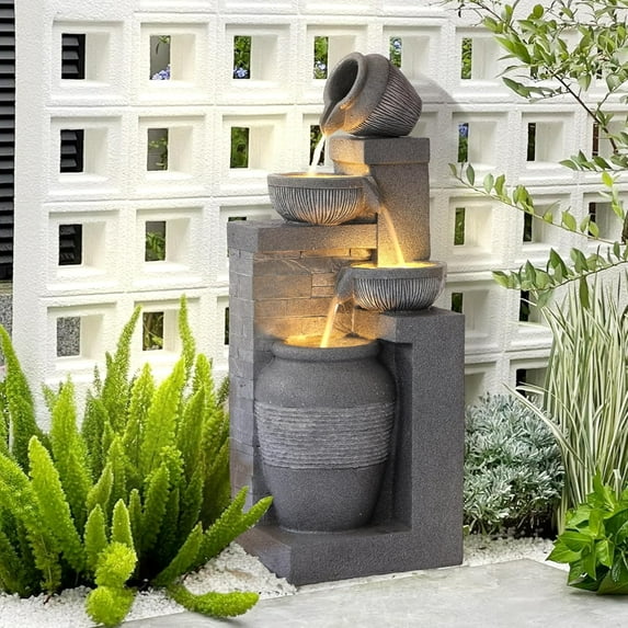Grepatio 4-Tiers Indoor/Outdoor Garden Water Fountain, 32" H Cascading Water Feature Waterfalls Fountain with LED Lights, Outdoor Floor Standing Water Fountains for Garden, Yard, Patio, Decor (Grey)