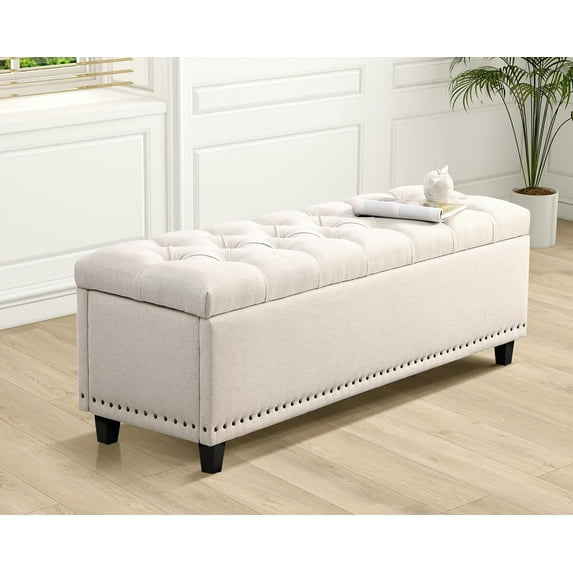 Grepatio 51" Ottoman Storage Benches, 30 Gallons End of Bed Storage Bench, Large Rectangular Storage Ottoman, Button-Tufted Ottoman with Storage for Living Room Bedroom, Foot of Bed (Beige)