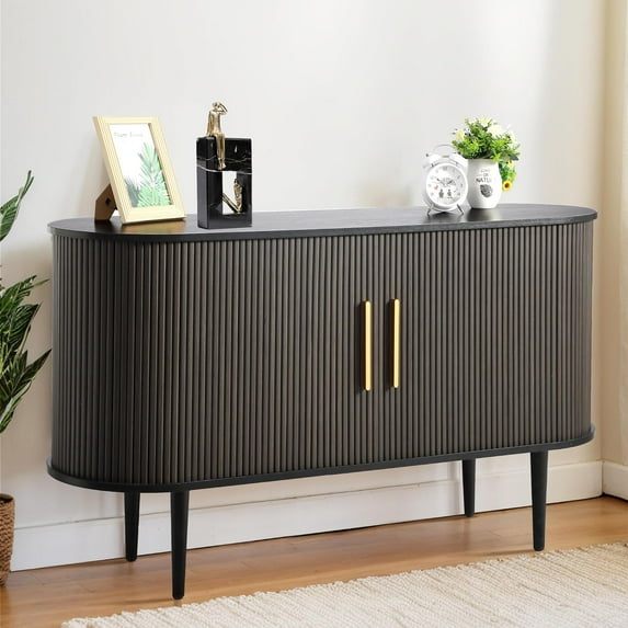 Grepatio 55" Sideboard Buffet Cabinet with Fluted Slide Doors, Tambour Storage Cabinet with Shelves, Modern Credenza Sideboard Buffet Console Cabinets for Living Room Hallway Entryway (Black)