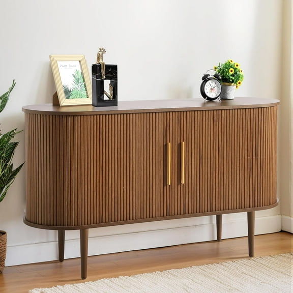 Grepatio 55" Sideboard Buffet Cabinet with Fluted Slide Doors, Tambour Storage Cabinet with Shelves, Modern Credenza Sideboard Buffet Console Cabinets for Living Room Hallway Entryway (Brown)
