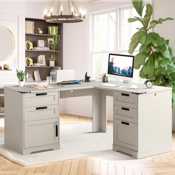 Grepatio 60" Farmhouse L Shaped Desk with Drawers, Executive Desk with Storage, Home Office Corner Desk with Charging Station, 2 Person Computer Writing Desks, Key Lock Filing Cabinet (Grey)