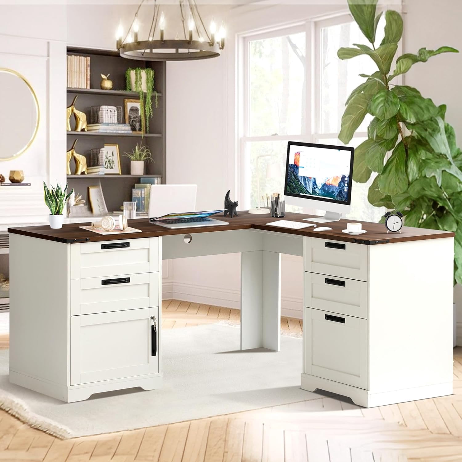 Grepatio 60" Farmhouse L Shaped Desk with Drawers, Executive Desk with Storage, Home Office Corner Desk with Charging Station, 2 Person Computer Writing Desks, Key Lock Filing Cabinet (Antique White)