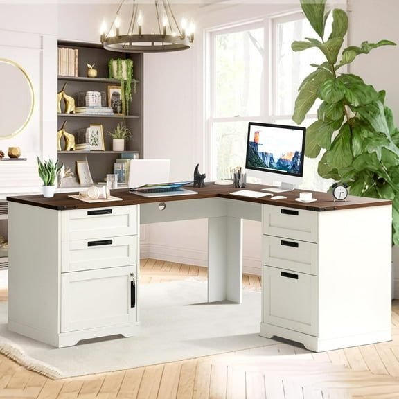 Grepatio 60" Farmhouse L Shaped Desk with Drawers, Executive Desk with Storage, Home Office Corner Desk with Charging Station, 2 Person Computer Writing Desks, Key Lock Filing Cabinet (Antique White)