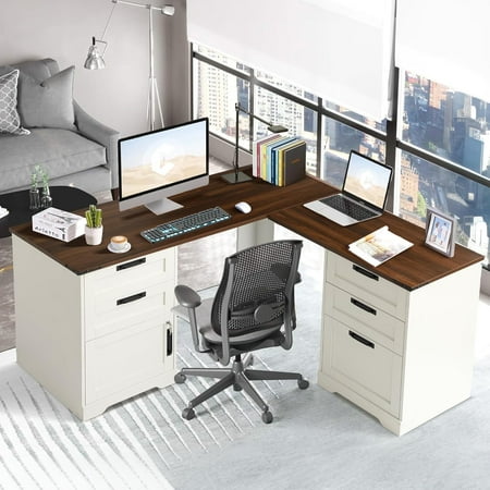 Grepatio 60" L Shaped Executive Desk with Drawers, Farmhouse Corner Desk with USB Charging Station, 2 Person Home Office Computer Writing Desks with Storage, Key Lock Filing Cabinet (Antique White)