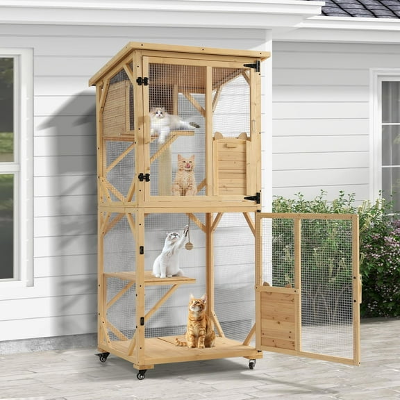 Grepatio Cat Catio 4 Tiers Outdoor Cat Enclosure Window Access, Indoor Cat House with Wheels and Removable Floor, Outside Large Cat Cage with Waterproof Roof, Cattio with Resting Box (Natural)