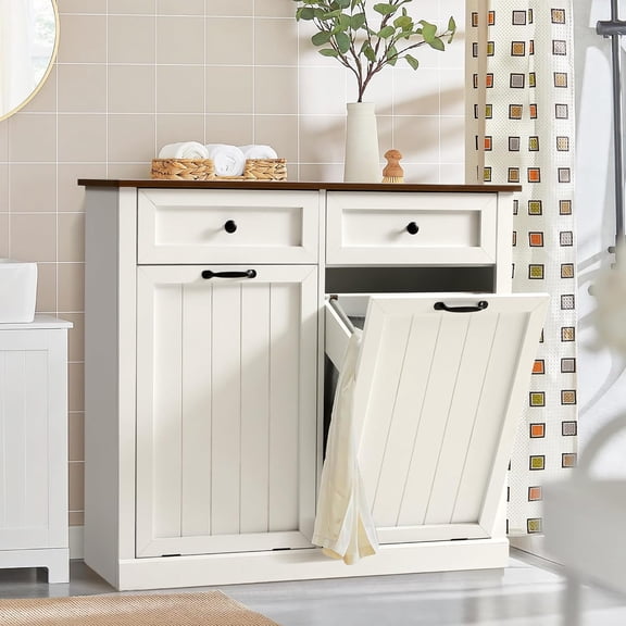 Grepatio Double Laundry Hamper, Tilt Out Laundry Hamper Cabinet, 22 Gallon Hidden Trash Can, Wooden Garbage Can Cabinet with 2 Drawer, Free Standing for Bathroom, Kitchen (White)