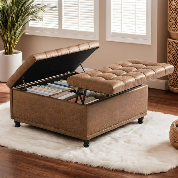 Grepatio Square Tufted Ottoman with Storage - 35.5" Large Lift-Top Storage Ottomans Upholstered Coffee Table for Living Room Bedroom (Brown)