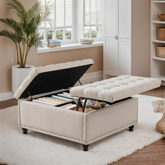 Grepatio Square Tufted Ottoman with Storage - 35.5" Large Lift-Top Storage Ottomans Upholstered Coffee Table for Living Room Bedroom (White)