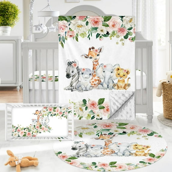 Gresahom Baby Crib Bedding Set - Animals Theme Nursery Bed 3 Pcs Set - Chic Soft Blanket with Double Layer Dotted Backing, Fitted Sheet, Room Rug for Newborns Boys Girls Shower Gift(30"x40")