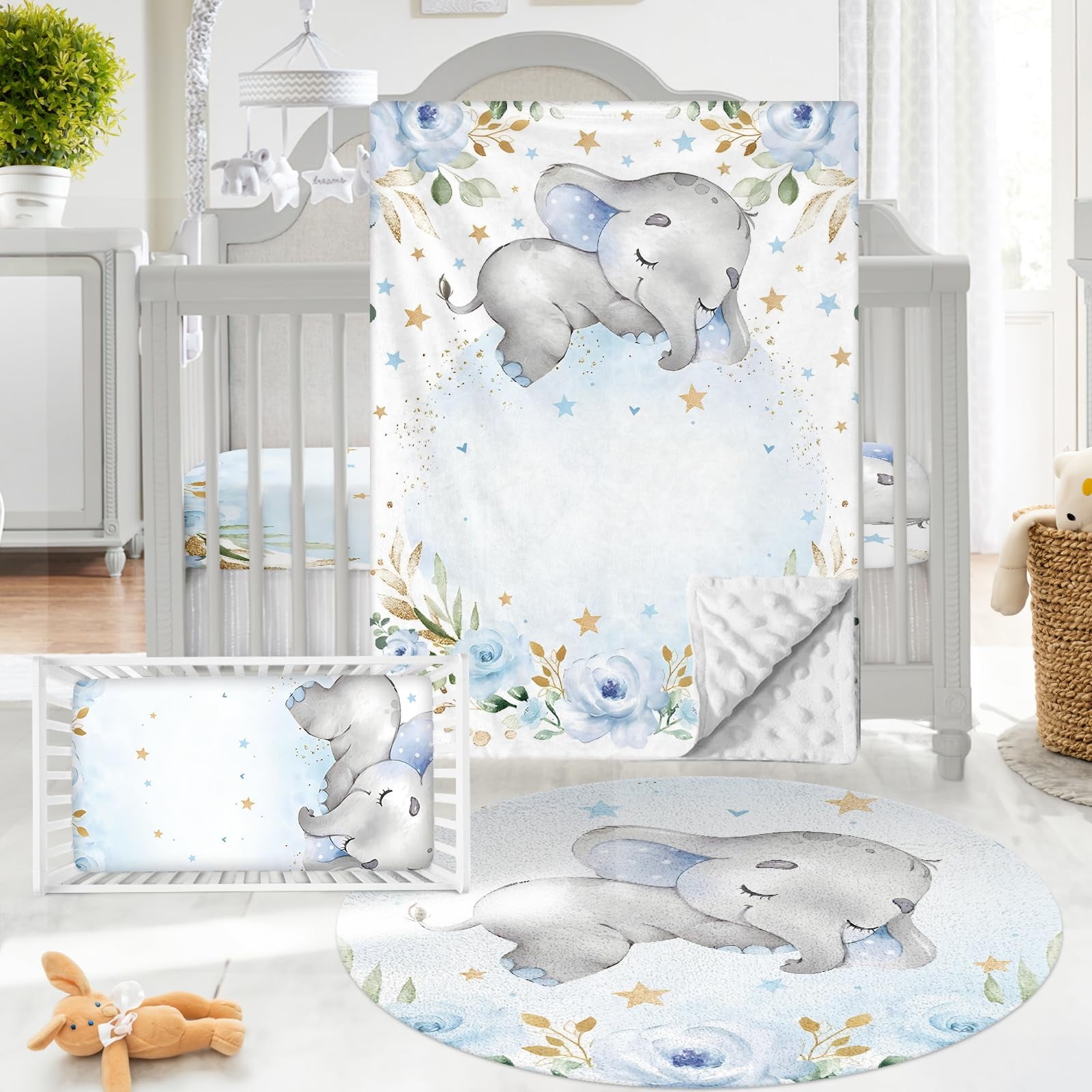 Gresahom Baby Crib Bedding Set - Blue Elephant Nursery Bed 3 Pcs Set - Chic Soft Blanket with Double Layer Dotted Backing, Fitted Sheet, Room Rug for Newborns Boys Girls Shower Gift(60"x80")