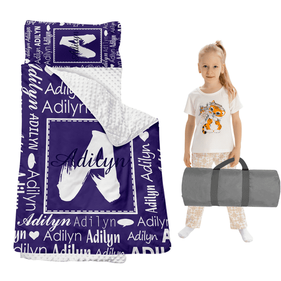 Gresahom Custom Toddler Nap Mat with Blanket, Preschool Sleep Mat for Boys and Girls, Extra Large Sleeping Bag for 3-15 Years, Dark Purple & White Bedding Set for Kindergarten