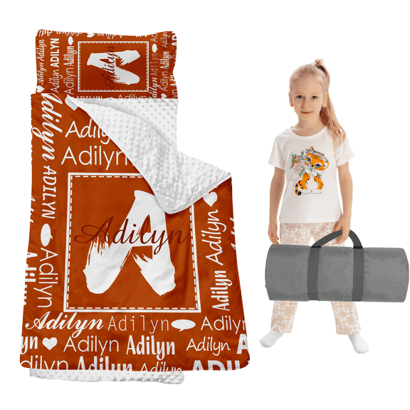 Gresahom Custom Toddler Nap Mat with Blanket, Preschool Sleep Mat for Boys and Girls, Extra Large Sleeping Bag for 3-15 Years, Orange Bedding Set for Kindergarten