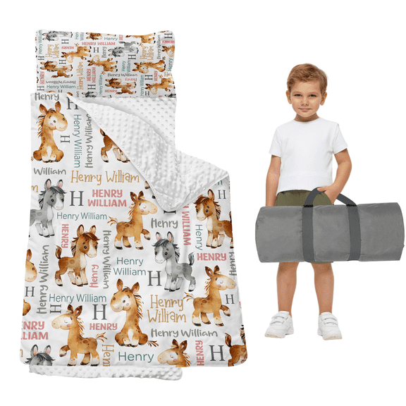 Gresahom Personalized Preschool Nap Mat for Toddler, Kids Sleeping Bag with Pillow and Blanket, Orange & Grey Horse Sleeping Mat for Daycare Girls and Boys, Easy Carry and Storage