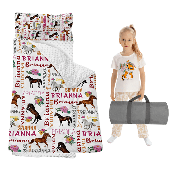 Gresahom Personalized Preschool Nap Mat for Toddler, Kids Sleeping Bag with Pillow and Blanket, Pink Flowers & Horse Sleeping Mat for Daycare Girls and Boys, Easy Carry and Storage
