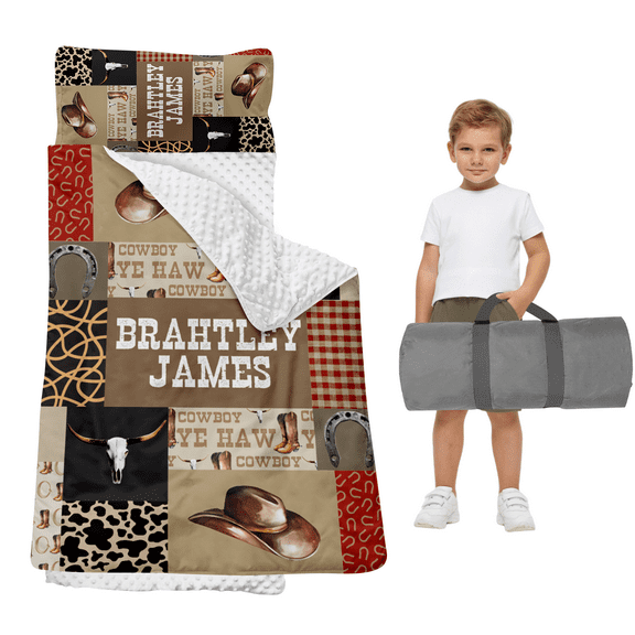 Gresahom Personalized Toddler Nap Mat, Daycare Sleeping Bag with blanket, Brown Cowboy Sleeping Mat for Preschool, Soft and Easy Rolling Mat for Ages 2-15 Years Boys and Girls