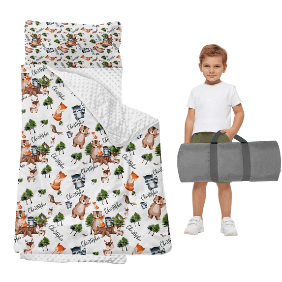 Gresahom Personalized Toddler Nap Mat, Daycare Sleeping Bag with blanket, Green Forest Animals Sleeping Mat for Preschool, Soft and Easy Rolling Mat for Ages 2-15 Years Boys and Girls