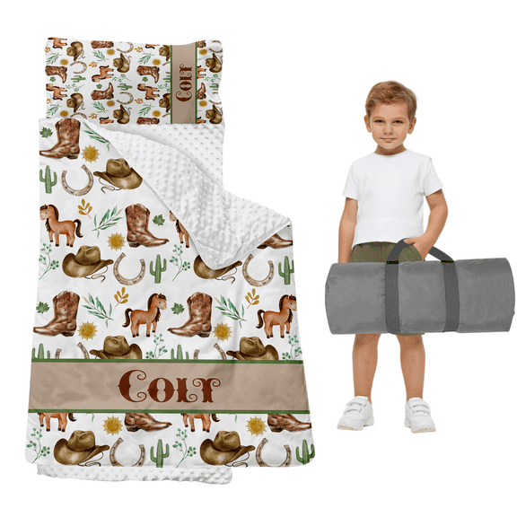 Gresahom Personalized Toddler Nap Mat, Daycare Sleeping Bag with blanket, Light Brown Cowboy Sleeping Mat for Preschool, Soft and Easy Rolling Mat for Ages 2-15 Years Boys and Girls