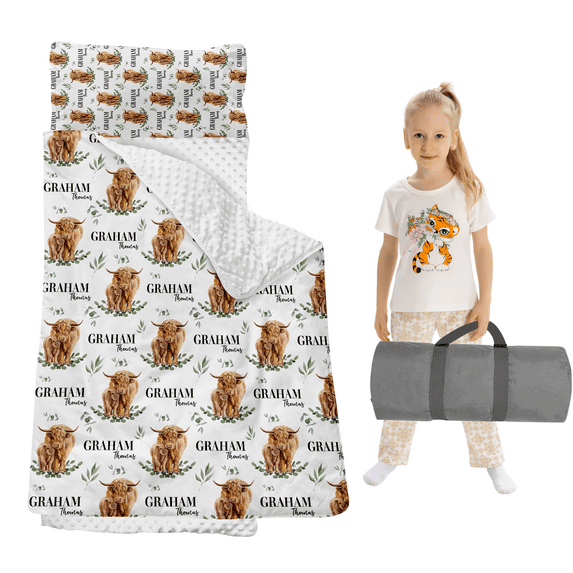Gresahom Personalized Toddler Nap Mat for Preschool Girls and Boys, Extral Large Sleep Mat with Blanket for Daycare Kindergarten, Lightweight Kids Sleeping Bag for 3-15 Years, Green Highland Cows