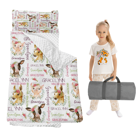 Gresahom Personalized Toddler Nap Mat for Preschool Girls and Boys, Extral Large Sleep Mat with Blanket for Daycare Kindergarten, Lightweight Kids Sleeping Bag for 3-15 Years, Pink Animals