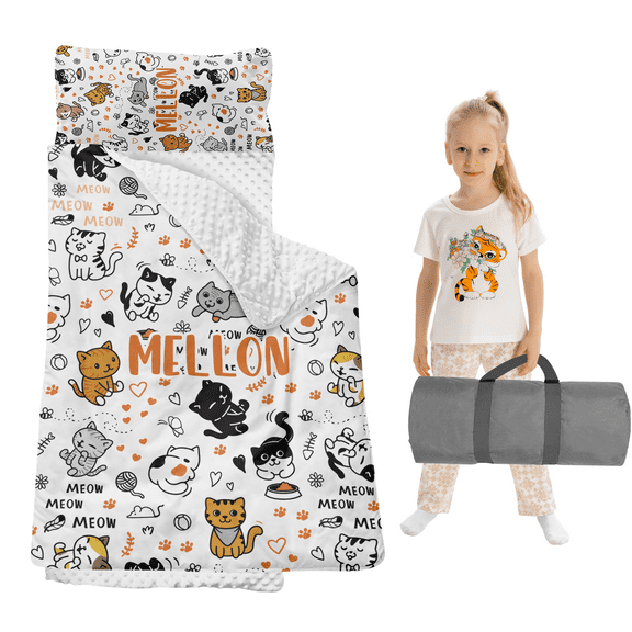Gresahom Personalized Toddler Sleep Mat, Child Sleeping Bag for Preschool Girls and Boys, Orange Cats Kids Nap Mat with Pillow and Blanket, Custom Back to School Gift