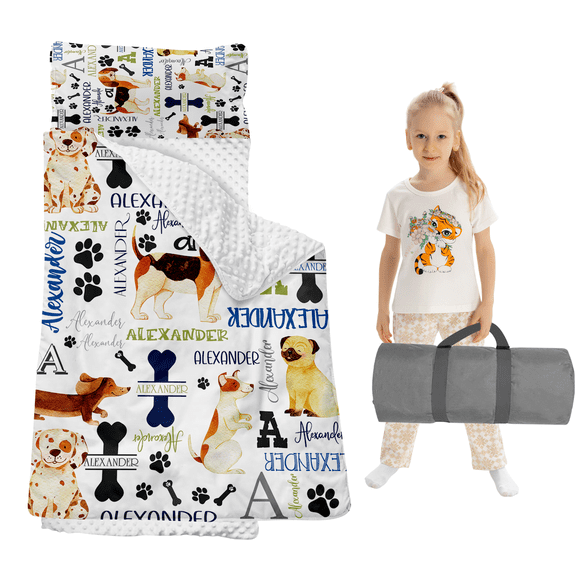 Gresahom Personalized Toddler Sleep Mat, Child Sleeping Bag for Preschool Girls and Boys, White Dogs Kids Nap Mat with Pillow and Blanket, Custom Back to School Gift