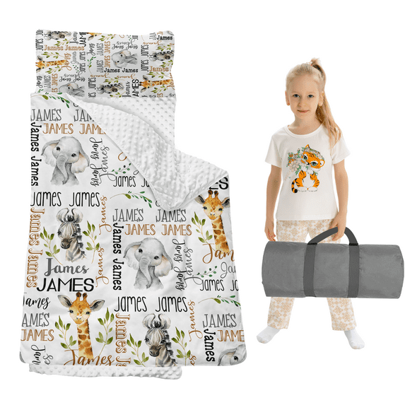 Gresahom Personalized Toddler Sleep Mat, Child Sleeping Bag for Preschool Girls and Boys, White Safari Kids Nap Mat with Pillow and Blanket, Custom Back to School Gift