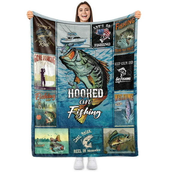 Gresahom Sowide Fish Blanket for Fishing Lovers, Fishing Gifts for Men, Soft Fleece Blanket Throws Bass Fishing Gifts, Comfy Lightweight Fuzzy Plush Gifts for Men Father Adults, Couch Nap Bed(60"x80")