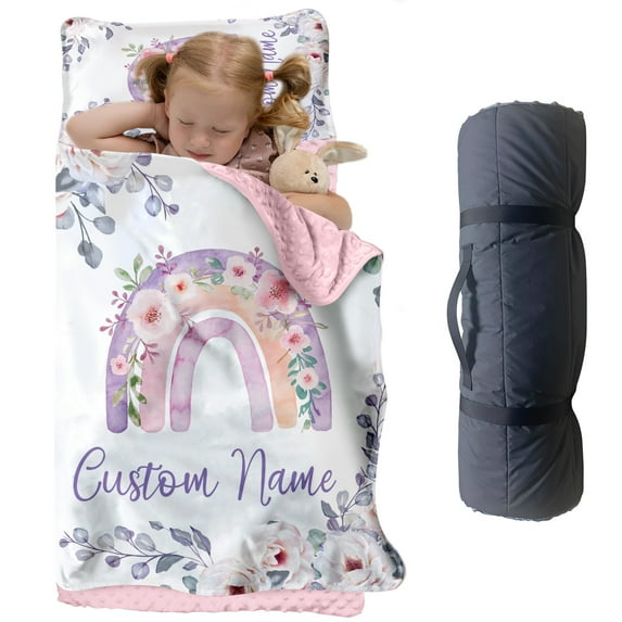Gresahom slumber bag, Toddler Nap Mat with Pillow, Lightweight Sleeping Bag 55"x35" for Daycare, Travel,nursery Rainbow(Cushions + Pillows22.5"x55"+Blanket size: 33.5" x 45")